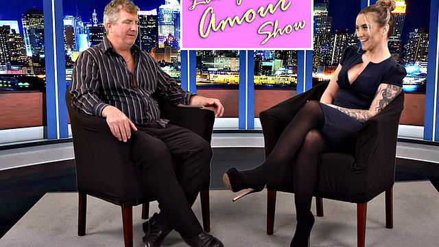 CFNM femdom TV host sucks and wanks guests cock