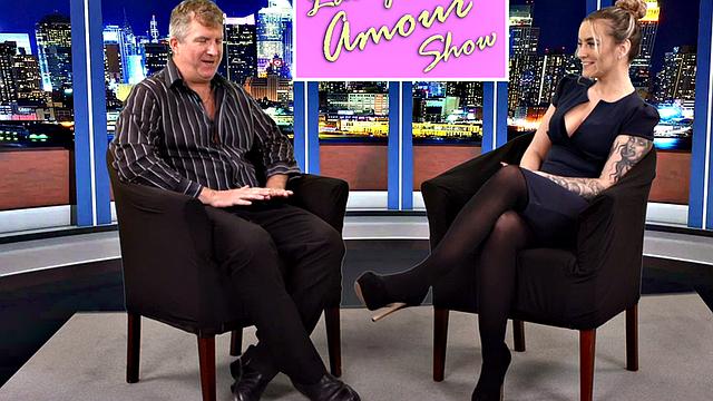 CFNM femdom TV host sucks and wanks guests cock