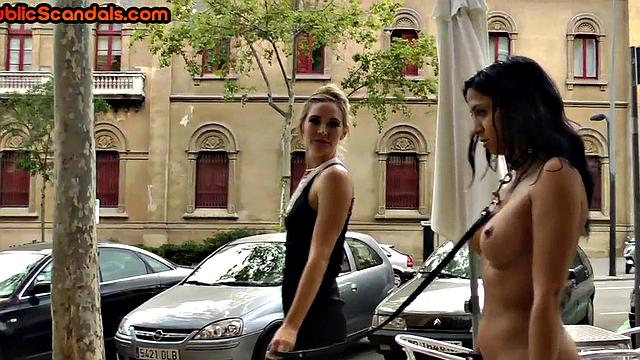 Public sub humiliated outdoors by femdom after 3some