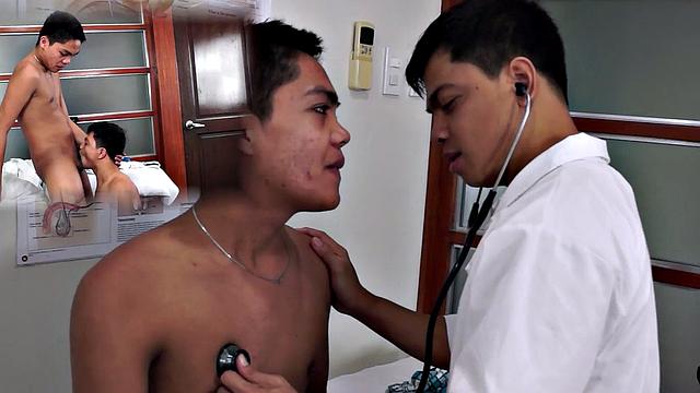 Nippon twink anally examined by doc with medical tool