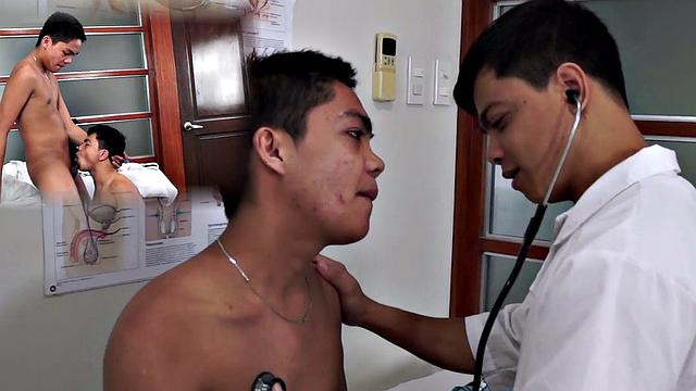 Nippon twink anally examined by doc with medical tool