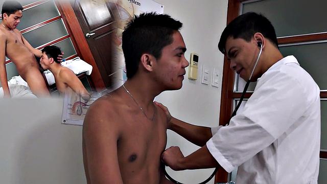 Nippon twink anally examined by doc with medical tool