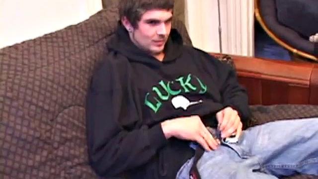 Lucky returns from the skateboard park and invites us to watch him stroke one out. He removes his pants and works on his cock as he lubes up his butt with his finger.
