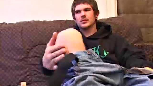Lucky returns from the skateboard park and invites us to watch him stroke one out. He removes his pants and works on his cock as he lubes up his butt with his finger.