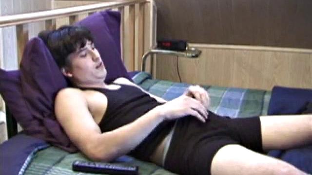 Mickey lays on the bed in jeans and a black tank top, while rubbing the stiff cock inside his black briefs. Soon enough, he strips off and gets right up in front of the lens with his slicked up cock.