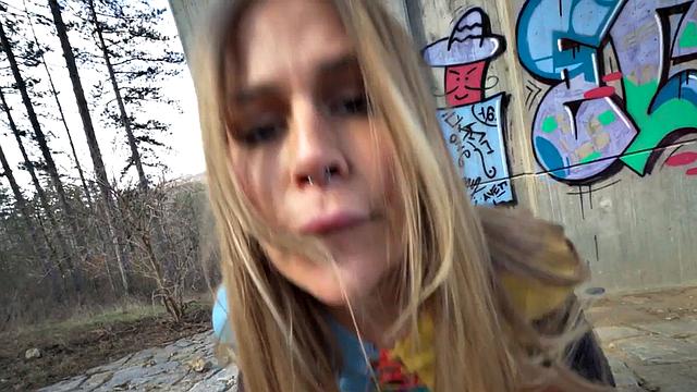 Public slut penetrated by big white dick in wet pussy