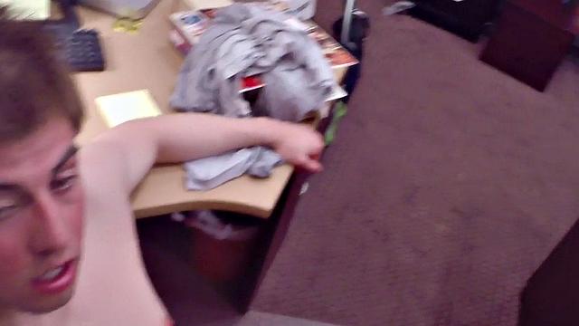 Pawnshop stud gets fucked in office 3way by owners