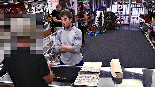 Pawnshop stud gets fucked in office 3way by owners