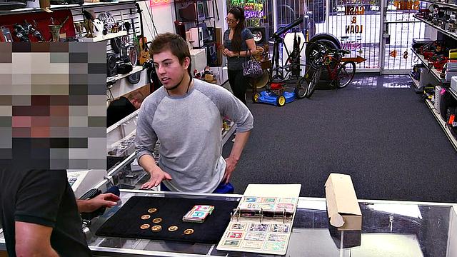 Pawnshop stud gets fucked in office 3way by owners