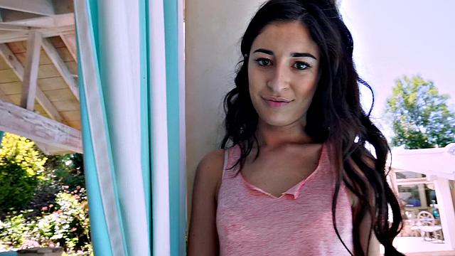 Watch this tattooed Latina take a deep throat fucking and doggystyle in her shorts poolside