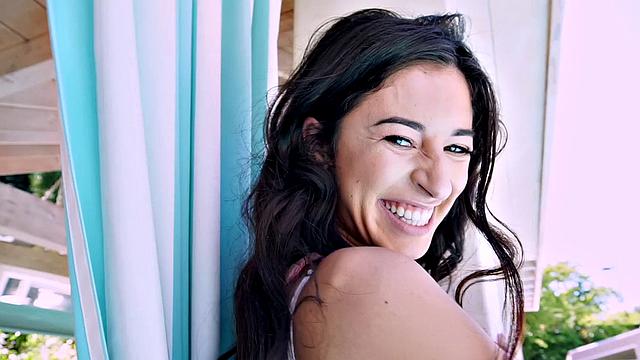 Watch this tattooed Latina take a deep throat fucking and doggystyle in her shorts poolside