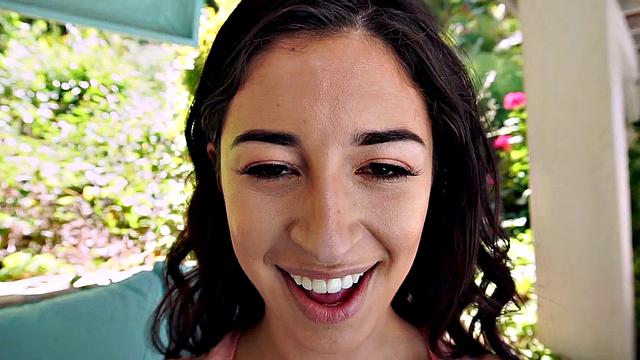 Watch this tattooed Latina take a deep throat fucking and doggystyle in her shorts poolside