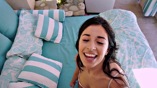 Watch this tattooed Latina take a deep throat fucking and doggystyle in her shorts poolside