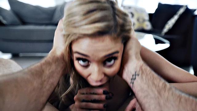 Curly-haired blonde GF adores getting her bald pussy pounded from behind