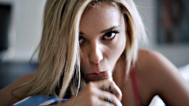 Curly-haired blonde GF adores getting her bald pussy pounded from behind