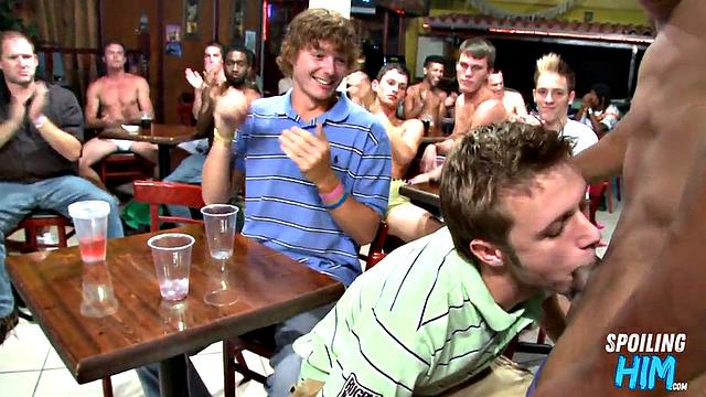 Public cocksucking strippers at a party