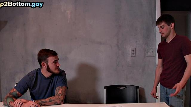 Muscled bottom jock rides cock of inked top boyfriend