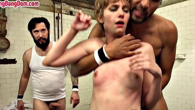 Interracial gangbang slut with skinny body assfucked in locker room