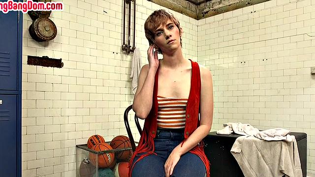 Interracial gangbang slut with skinny body assfucked in locker room