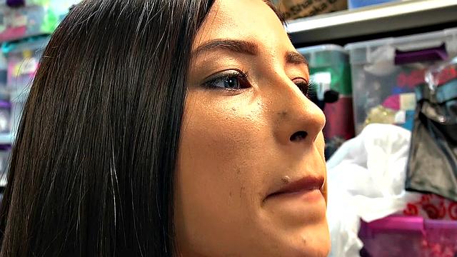 A babe's juicy bald pussy get pounded in doggy-style while she fingers herself and strokes her pierced clit