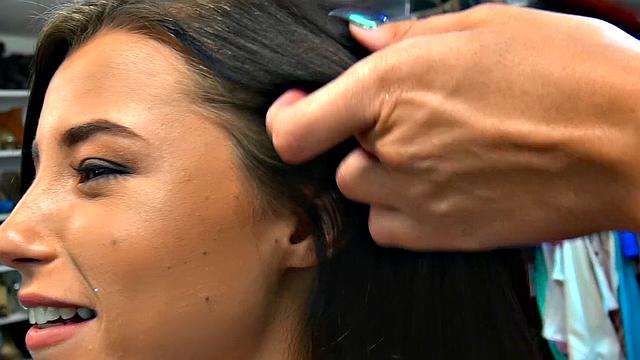 A babe's juicy bald pussy get pounded in doggy-style while she fingers herself and strokes her pierced clit