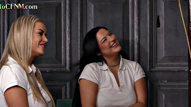 CFNM college babes suck professors cock in voyeur 3some