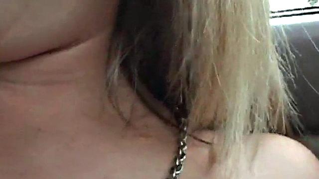 Busty blonde blows dick in POV car park