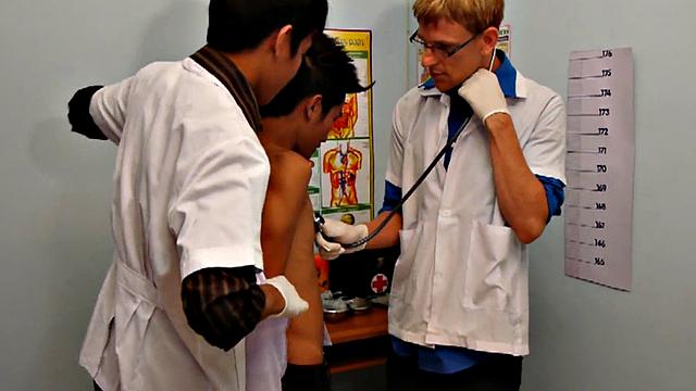 Asian twink fucked in medical 3some by doctors