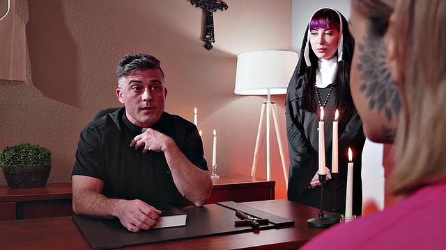 Slutty anal nun in pantyhose fucked by priest in office