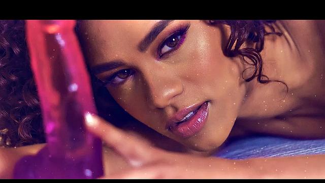 Ebony babe Scarlit Scandal Strips and Plays With Perky Nipples Before Masturbating