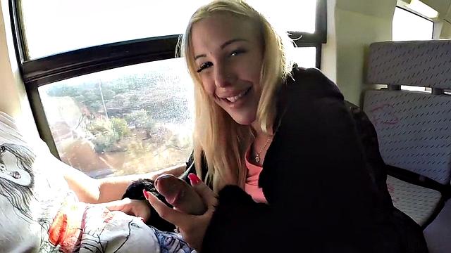 Blonde bombshell with huge tits blows and fucks on train before getting pounded outdoors