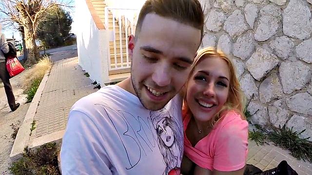 Blonde bombshell with huge tits blows and fucks on train before getting pounded outdoors