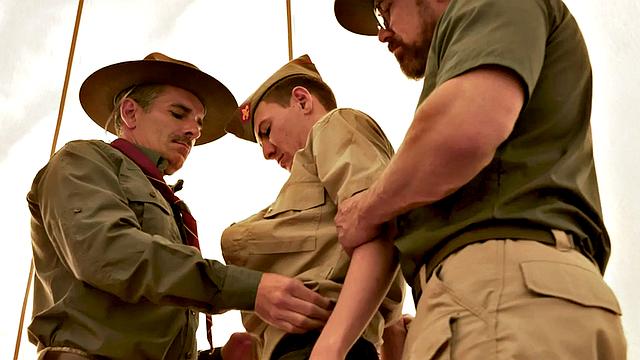 Skinny scout twink 3some assfucked in tent by guys