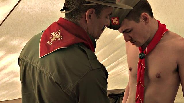 Skinny scout twink 3some assfucked in tent by guys