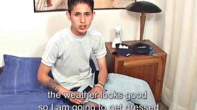 We enjoy a brief outing with cute boy Juan Carlos, before returning to his room where he strips naked on the bed and starts stroking that uncut cock of his.