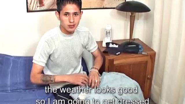 We enjoy a brief outing with cute boy Juan Carlos, before returning to his room where he strips naked on the bed and starts stroking that uncut cock of his.