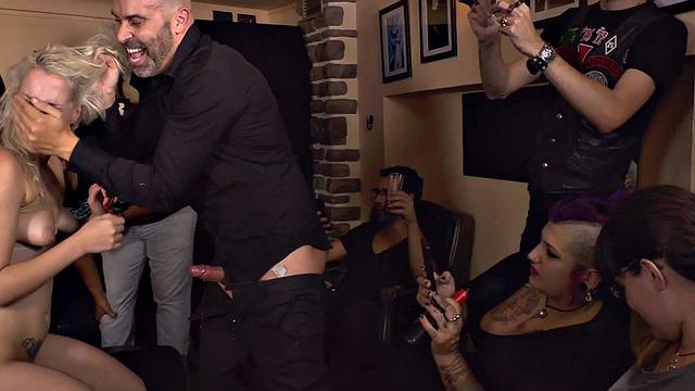 Public 3some deepthroating for useless slut