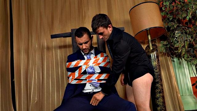 Tied up gay stud gets cock sucked by twink before doggystyle