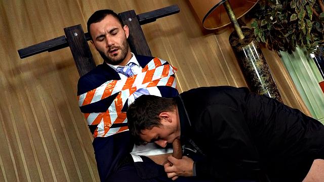 Tied up gay stud gets cock sucked by twink before doggystyle