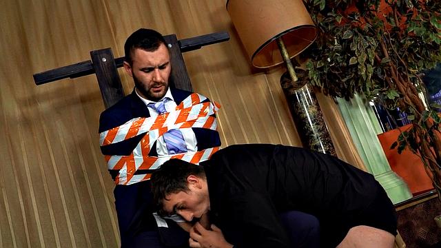 Tied up gay stud gets cock sucked by twink before doggystyle