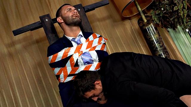 Tied up gay stud gets cock sucked by twink before doggystyle