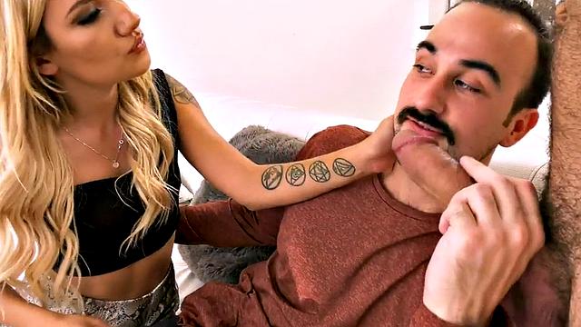 Bisexual pierced babe deepthroats and gets fucked in MMF