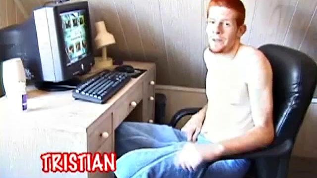 Seating naked in front of a computer, Tristian lubes up his cock and starts jerking, watching some porn. After showing us his cute little butt, and stroking himself to the edge, Tristian shoots his warm and sticky cum load onto the computer screen.