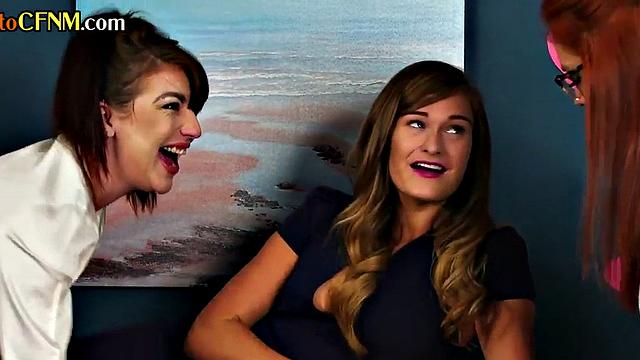 CFNM girls give head to naked guy after teasing him