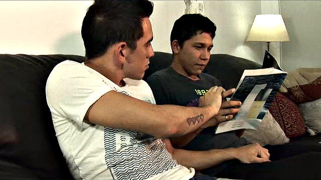 Jonas and Finn are young Latinos. We find the shirtless boys making out on a sofa, when a well-placed hand has a stiff dick in the bottom's mouth.