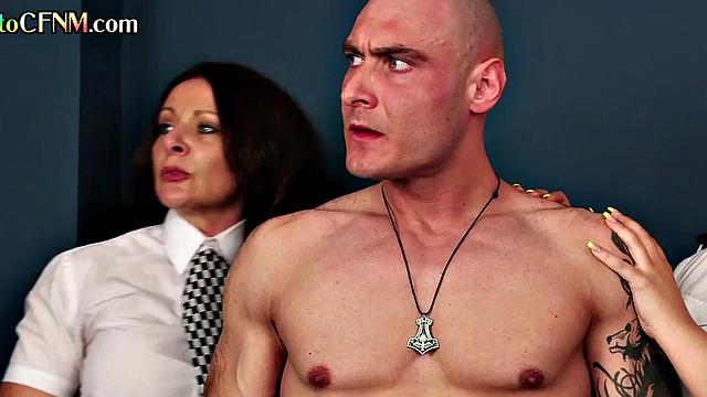 Police CFNM femdoms jerk cock in threesome