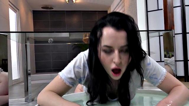 Busty piss babe toying pussy with dildo after peeing