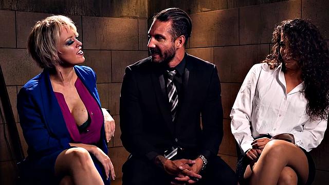 Obedient BDSM MILF fucked in FFM with ballgagged babe