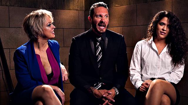 Obedient BDSM MILF fucked in FFM with ballgagged babe