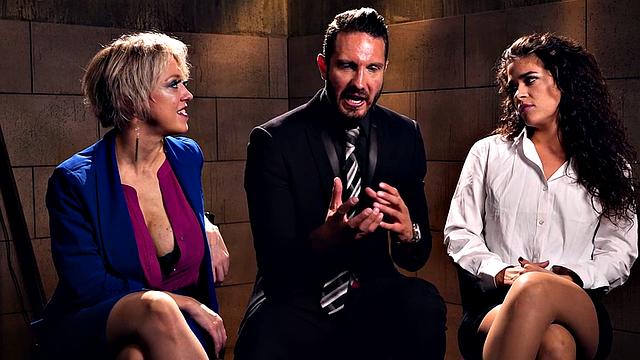 Obedient BDSM MILF fucked in FFM with ballgagged babe